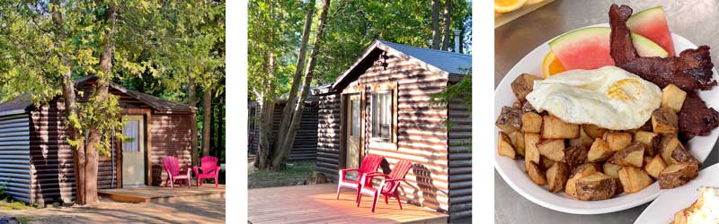 Cabin Rental in the woods under trees with patio and chairs. Additional photo of breakfast.