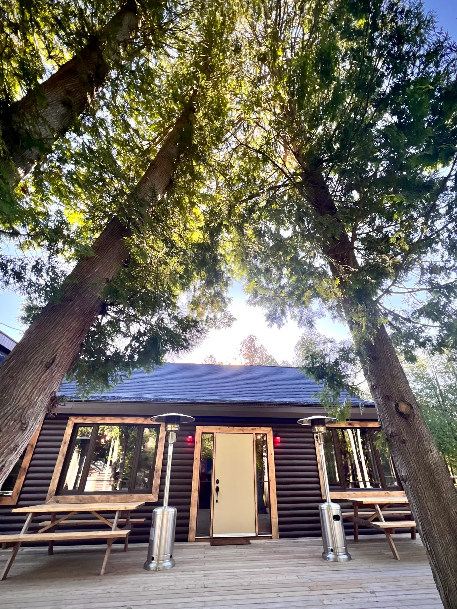 The front of the lodge under tall cedars, with a deck, picnic tables and two patio heaters