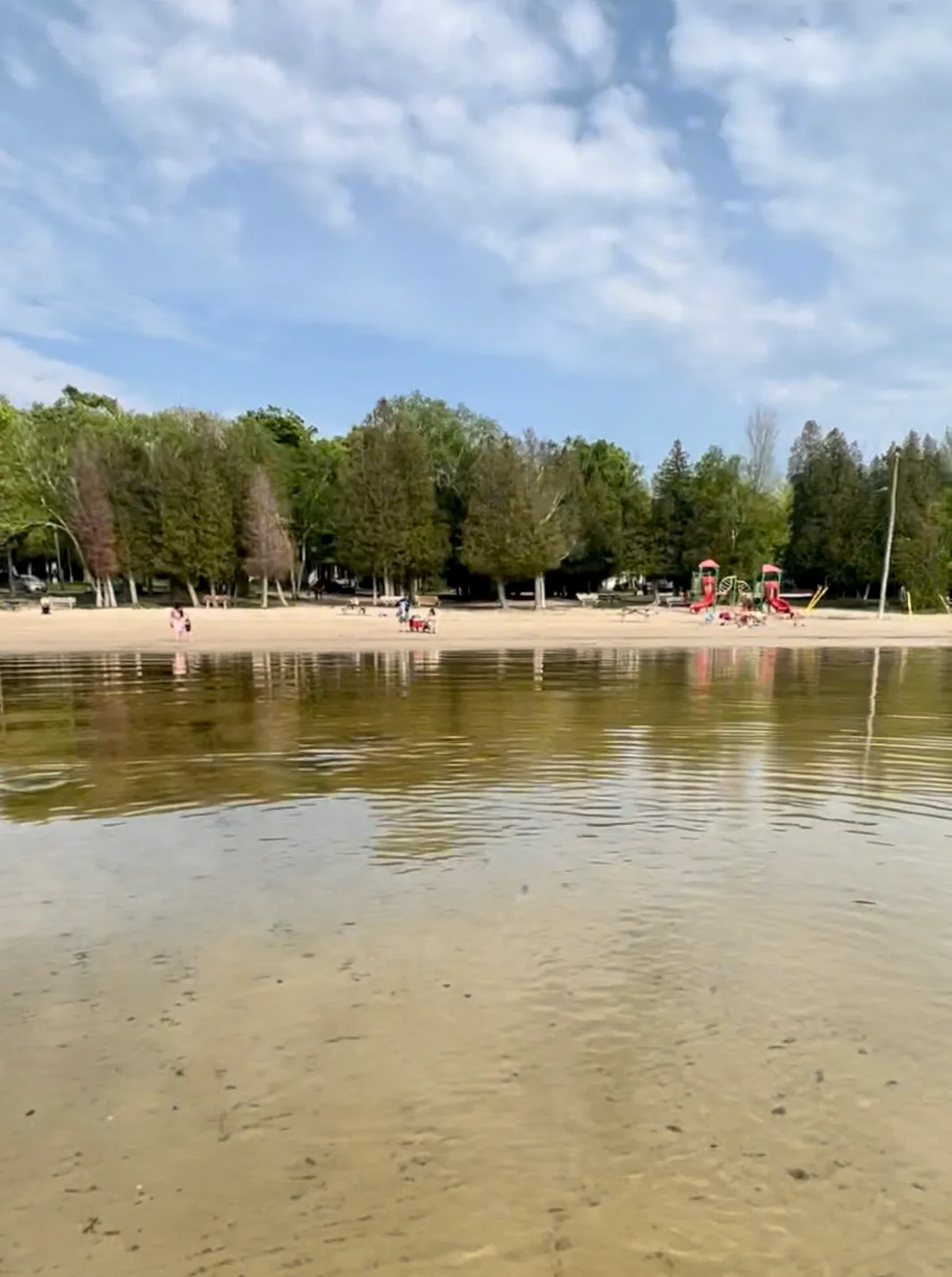 Red Bay Beach on Lake Huron: soft sand, shallow water, cedars behind the shore and a playground at the far end